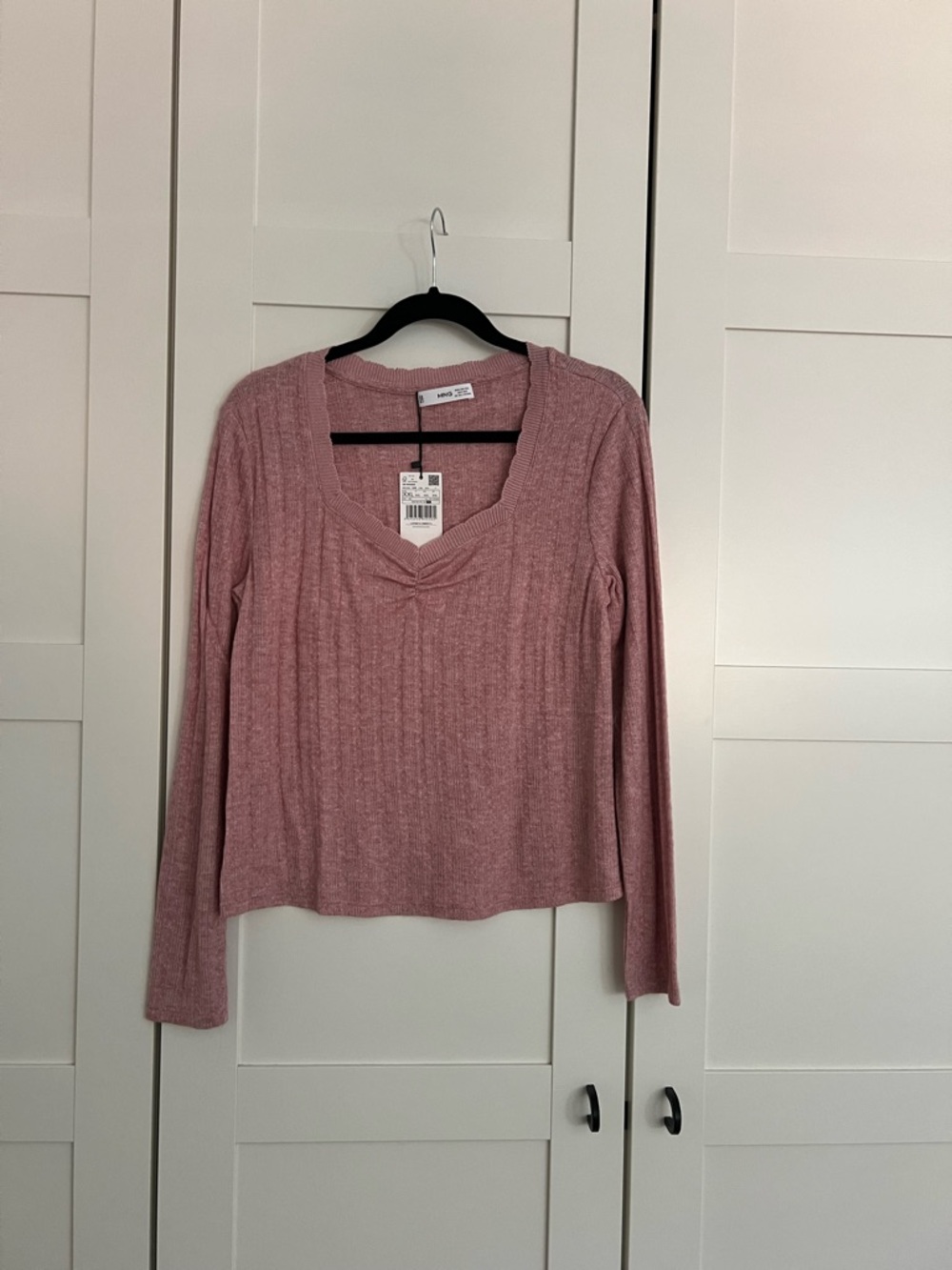 Mango Pink Ribbed V-Neck Long Sleeve Top